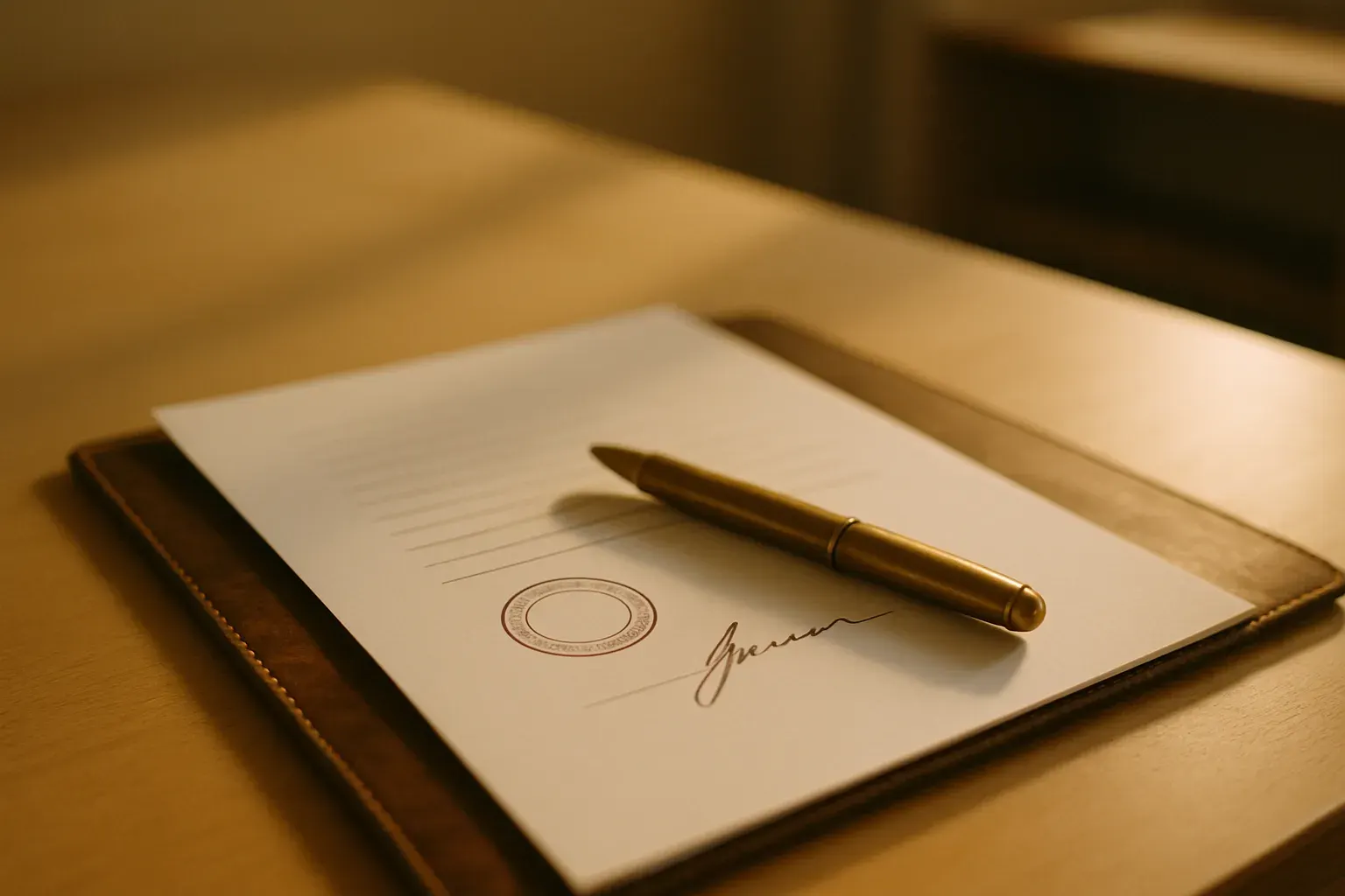A stamped document, seal and fountain pen on a warm Munich desk