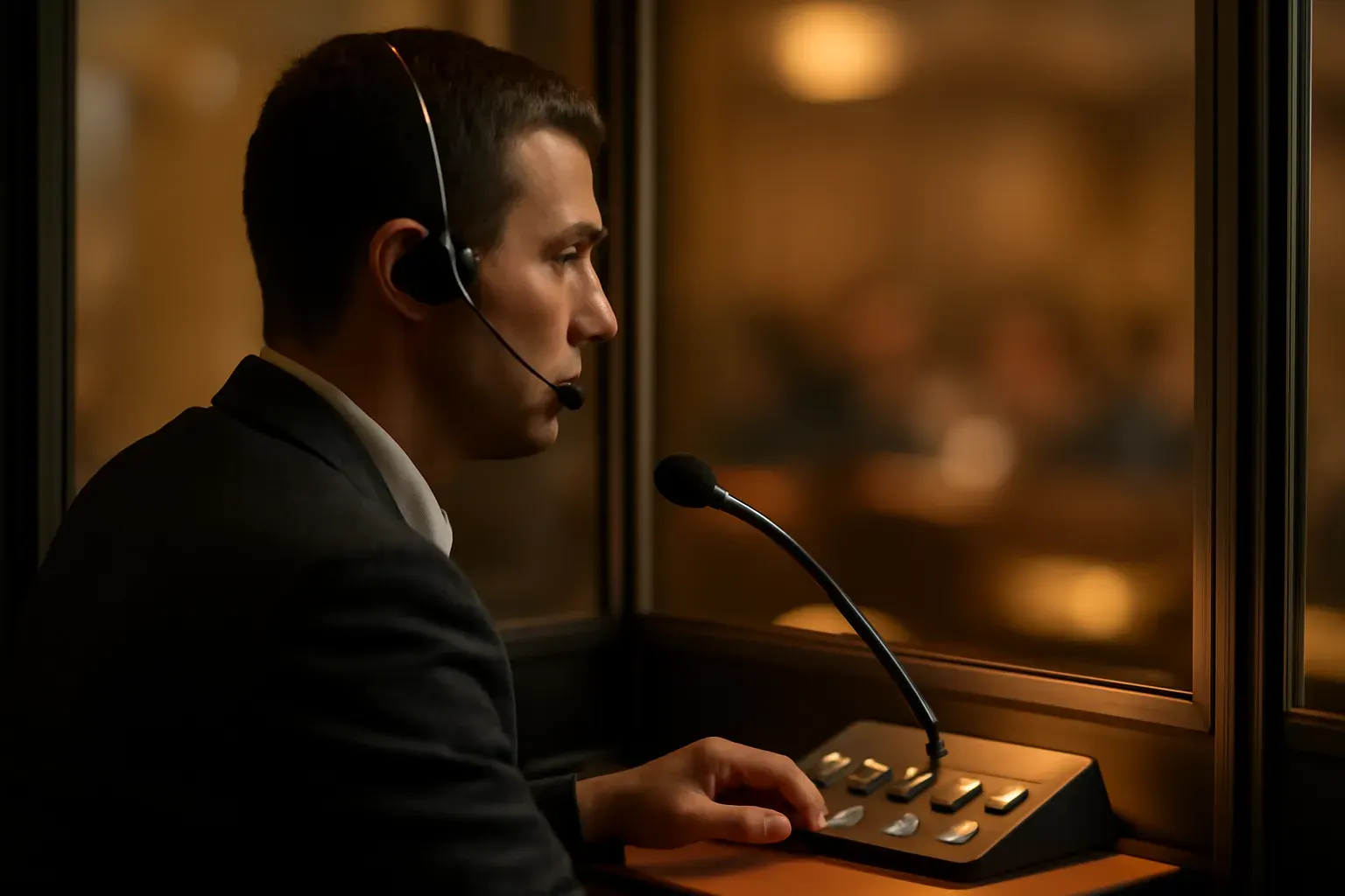 Interpreter with headset at a conference booth