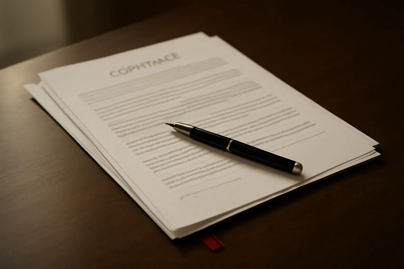 Contract pages, tabs and a pen on a desk