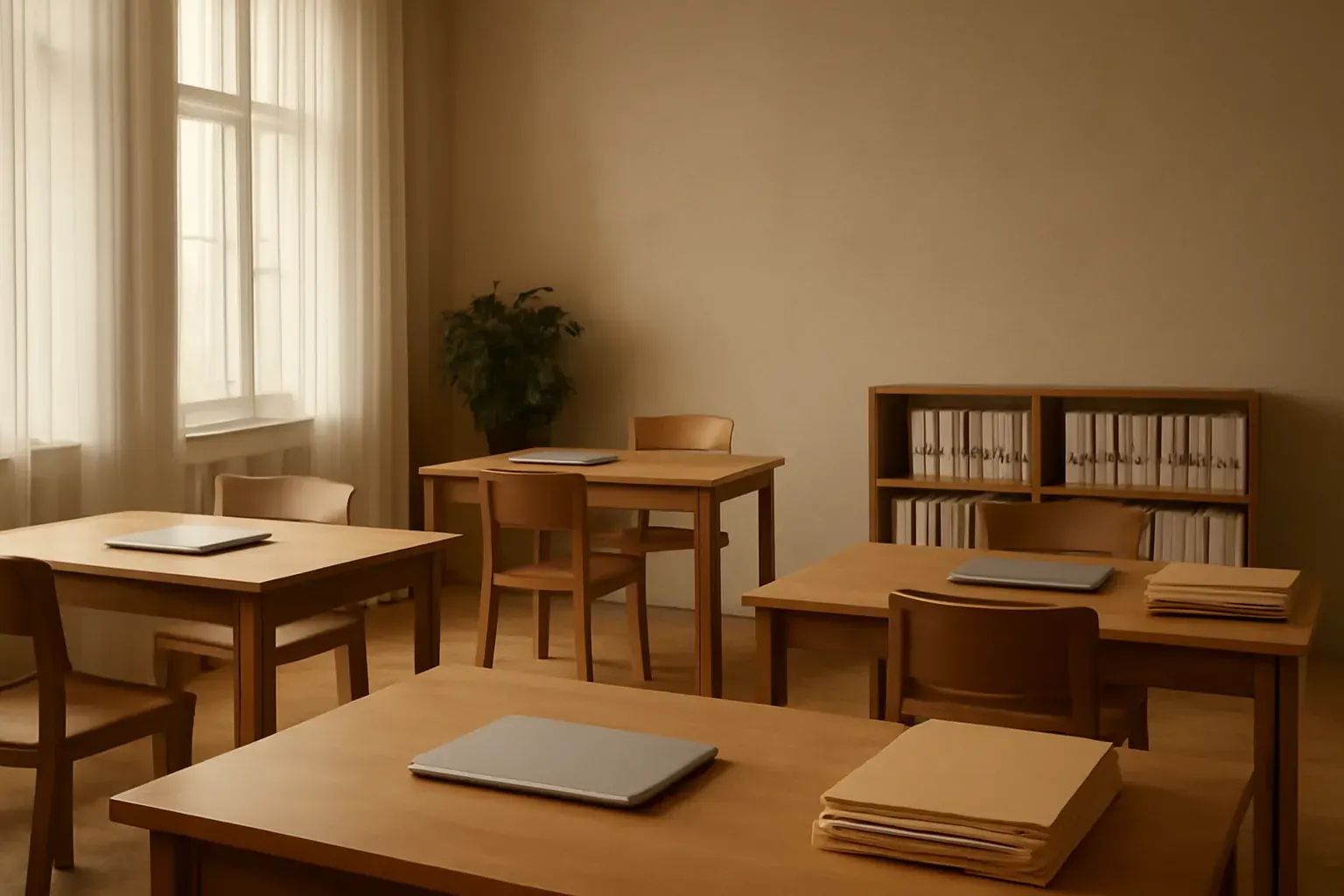 Office desk with documents and a stamp
