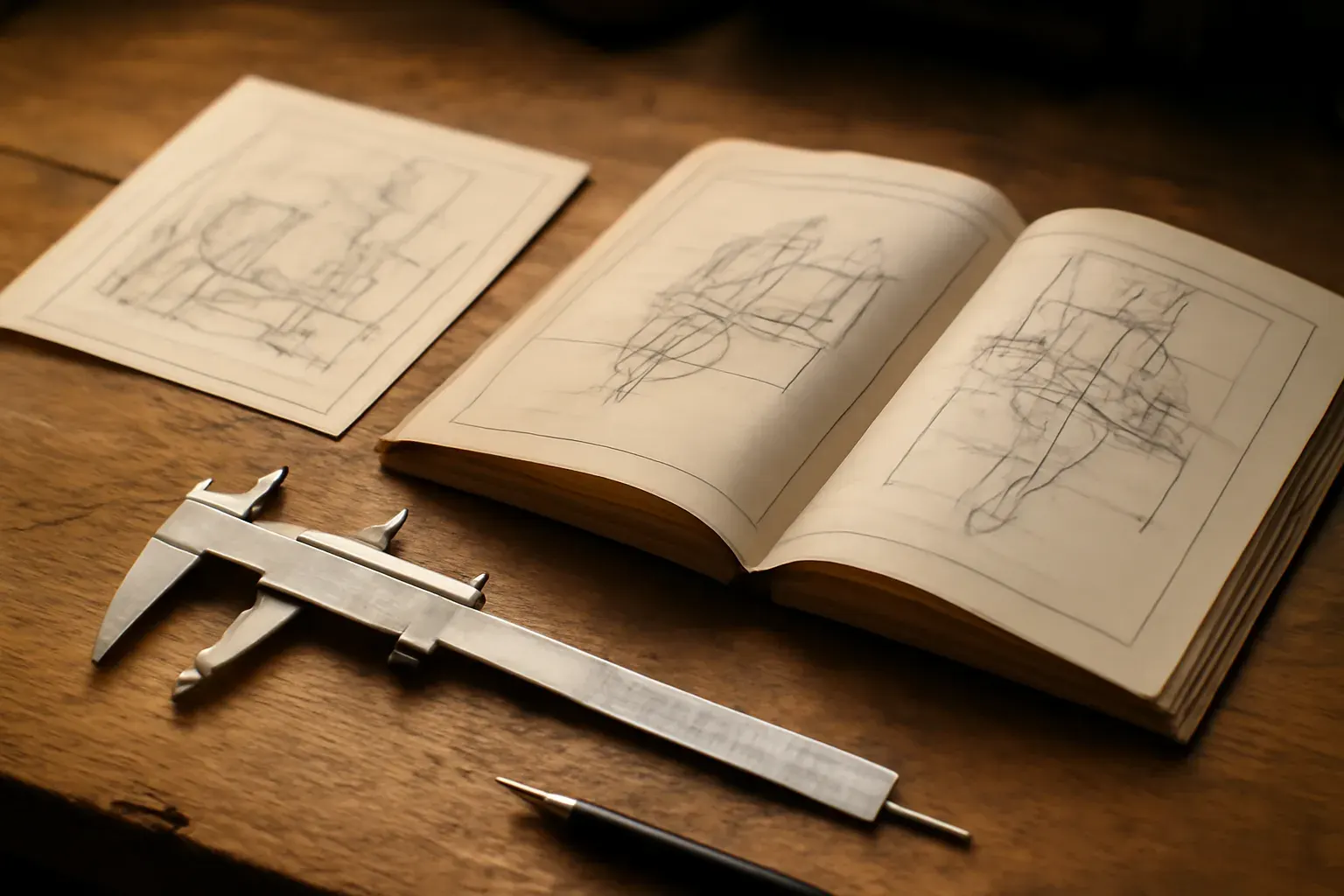 Engineering manual and technical drawing on a workbench