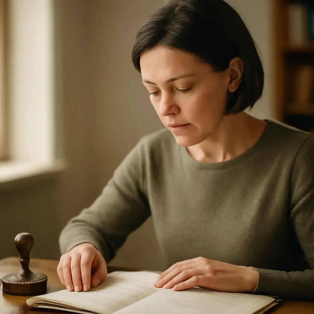 A sworn translator at a desk with stamp and register